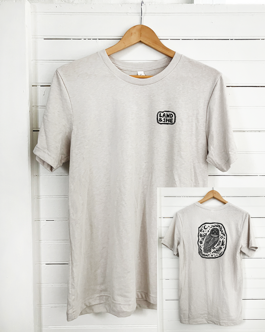 Barred Owl Tee - Unisex fit in Heather Cement (Owl on Back)